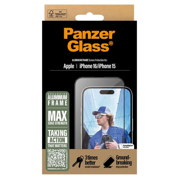 PanzerGlass Protector d'écran avec cadre en aluminium Ultra Wide Fit avec applicateur iPhone 16