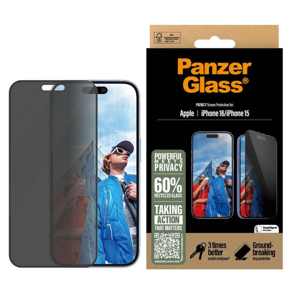 PanzerGlass ﻿Protection d'écran Privacy Ultra-Wide Fit Anti-bactérienne avec applicateur iPhone 16