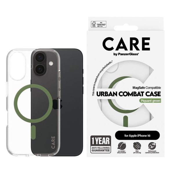 PanzerGlass Coque CARE Urban Combat MagSafe iPhone 16 - Transparent / Vert