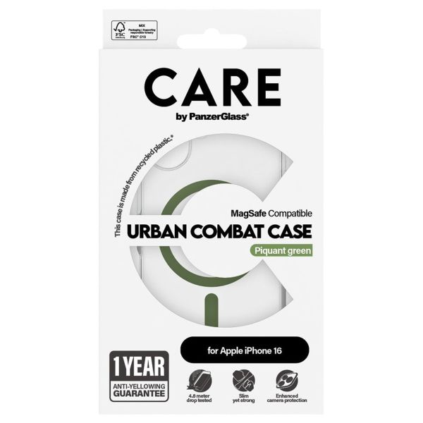 PanzerGlass Coque CARE Urban Combat MagSafe iPhone 16 - Transparent / Vert