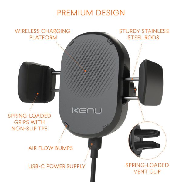 Kenu Airframe Wireless - Support de téléphone de voiture - Grille de ventilation - Chargeur sans fil - Noir