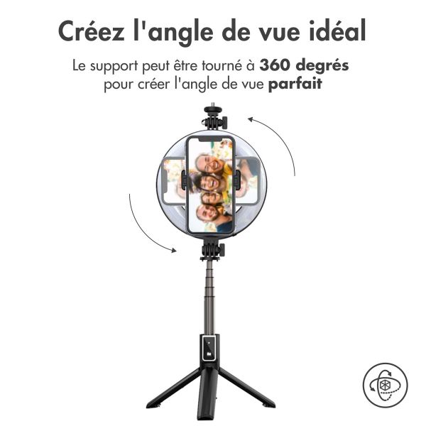 imoshion Perche à selfie Bluetooth Pro 3 en 1 + trépied + Lumière de remplissage annulaire de 6 pouces - Téléphone à lampe annulaire - Perche à selfie Bluetooth - Lampe annulaire avec trépied - Réglable - Noir