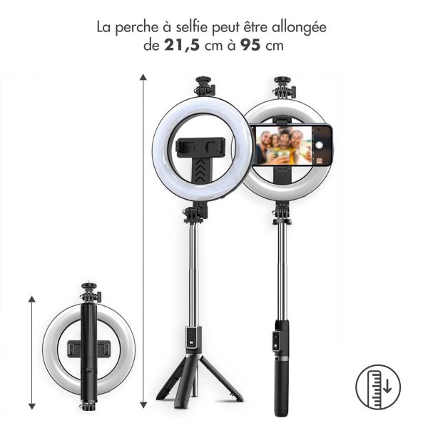 imoshion Perche à selfie Bluetooth Pro 3 en 1 + trépied + Lumière de remplissage annulaire de 6 pouces - Téléphone à lampe annulaire - Perche à selfie Bluetooth - Lampe annulaire avec trépied - Réglable - Noir