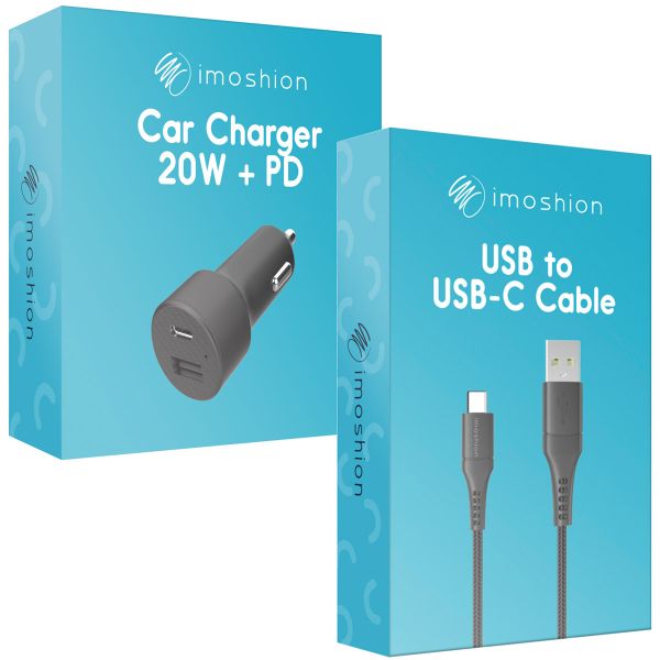 imoshion Chargeur de voiture avec câble USB-C vers USB - Chargeur voiture - Textile tissé - 20 Watt - 1,5 mètres - Noir