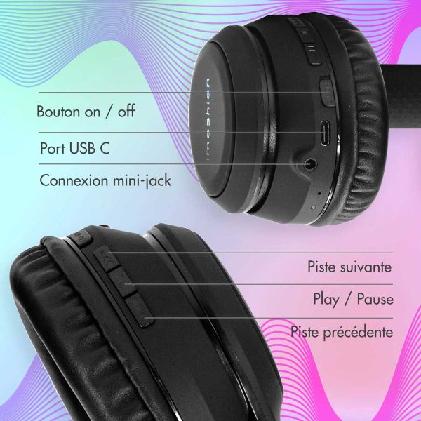 imoshion Casque pour enfants Bluetooth LED oreilles de chat - Casque sans fil + Câble AUX - Noir