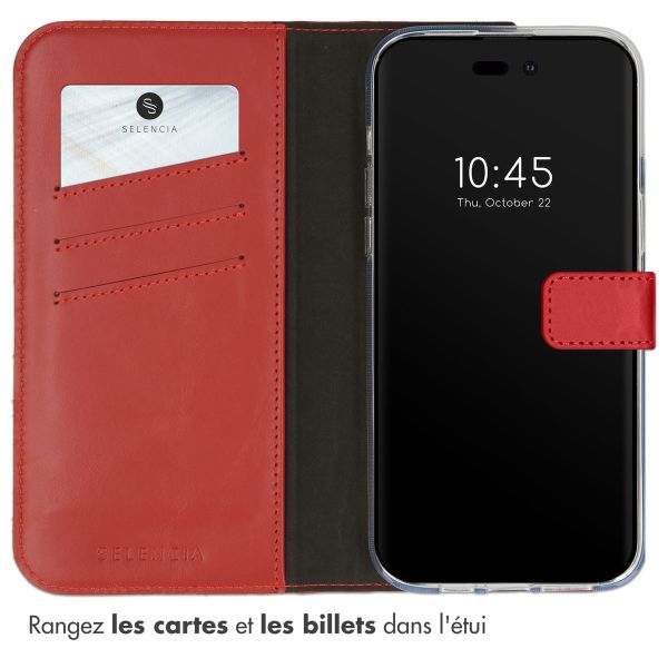 Selencia Étui de téléphone portefeuille en cuir véritable iPhone 14 Pro Max - Rouge