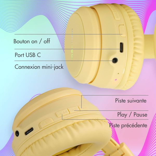 imoshion Casque pour enfants Bluetooth LED oreilles de chat - Casque sans fil + Câble AUX - Jaune