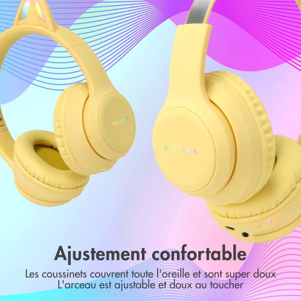 imoshion Casque pour enfants Bluetooth LED oreilles de chat - Casque sans fil + Câble AUX - Jaune