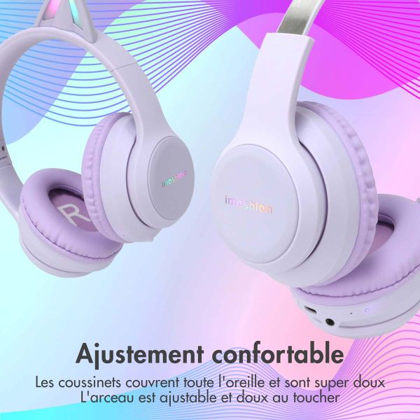 imoshion Casque pour enfants Bluetooth LED oreilles de chat - Casque sans fil + Câble AUX - Lavender Lilac