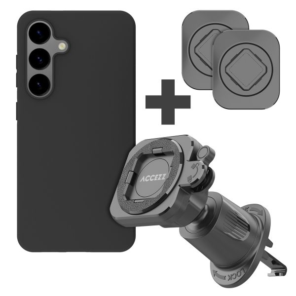 Accezz EasyLock Support de téléphone de voiture - Avec coque Samsung Galaxy S24 - Grille de ventilation - Rotation à 360 degrés - Noir