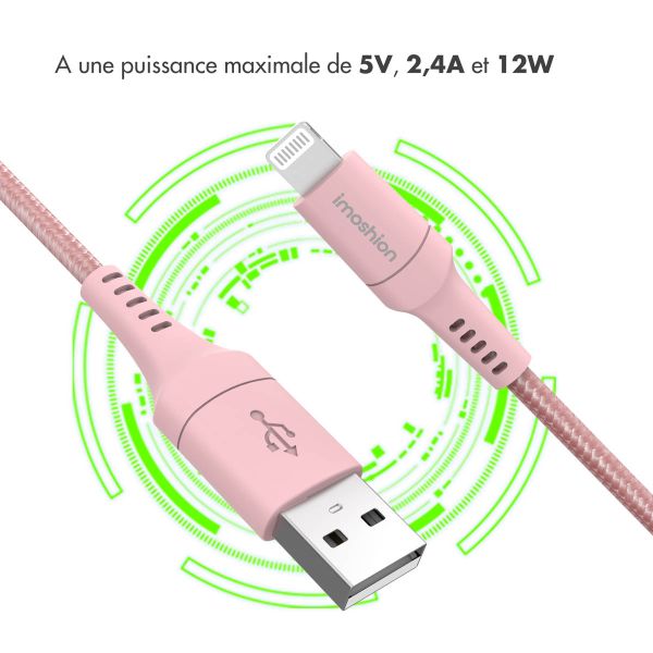 iMoshion ﻿Câble Lightning vers USB - Non MFi - Textile tressé - 2 mètre - Rose