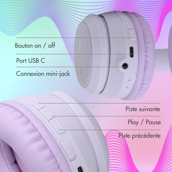 imoshion Casque pour enfants Bluetooth LED - Casque pour enfants avec limiteur de décibels + Câble AUX - Lavender Lilac