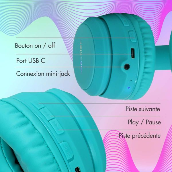 imoshion Casque pour enfants Bluetooth LED - Casque pour enfants avec limiteur de décibels + Câble AUX - Bleu clair