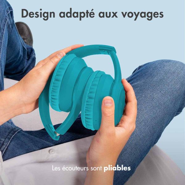 imoshion Casque pour enfants Bluetooth LED - Casque pour enfants avec limiteur de décibels + Câble AUX - Bleu clair