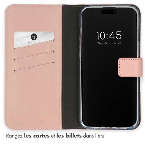 Selencia Étui de téléphone portefeuille en cuir véritable iPhone 15 Pro Max - Dusty Pink