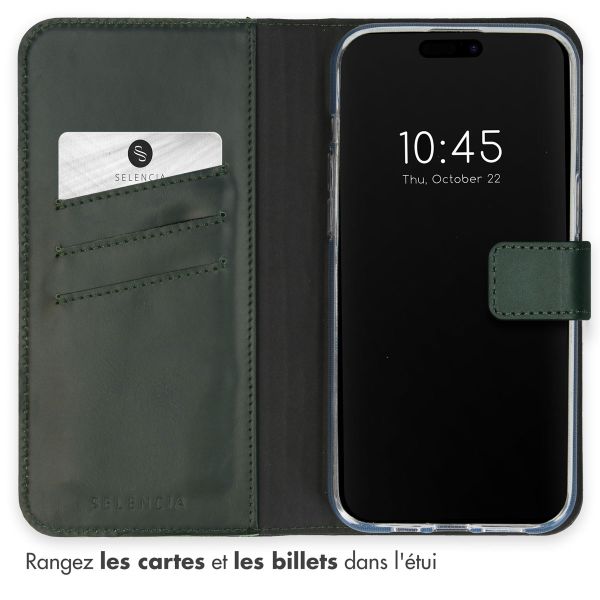 Selencia Étui de téléphone portefeuille en cuir véritable iPhone 15 Pro - Vert
