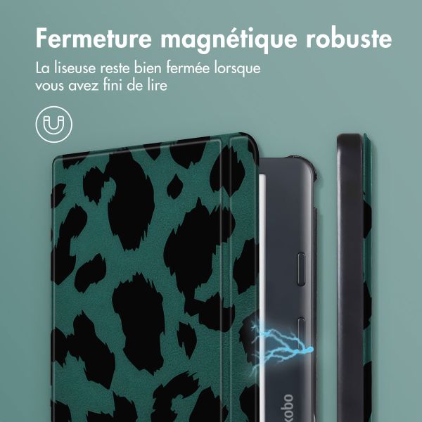 imoshion Design Slim Hard Sleepcover avec support Kobo Libra Colour - Green Leopard