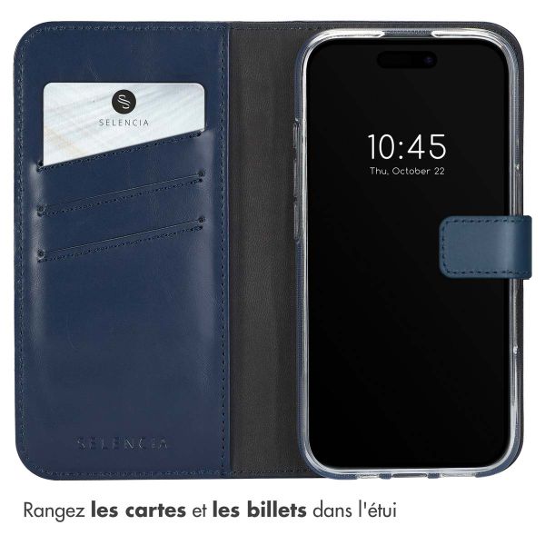 Selencia Étui de téléphone portefeuille en cuir véritable iPhone 16 - Bleu