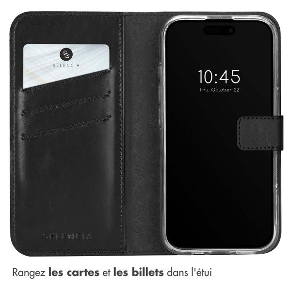 Selencia Étui de téléphone portefeuille en cuir véritable iPhone 16 - Noir