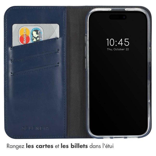 Selencia Étui de téléphone portefeuille en cuir véritable iPhone 16 Plus - Bleu