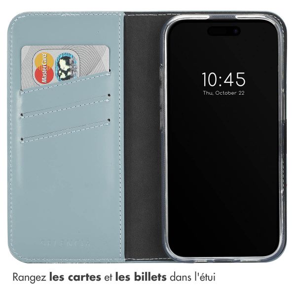 Selencia Étui de téléphone portefeuille en cuir véritable iPhone 16 Plus - Air Blue