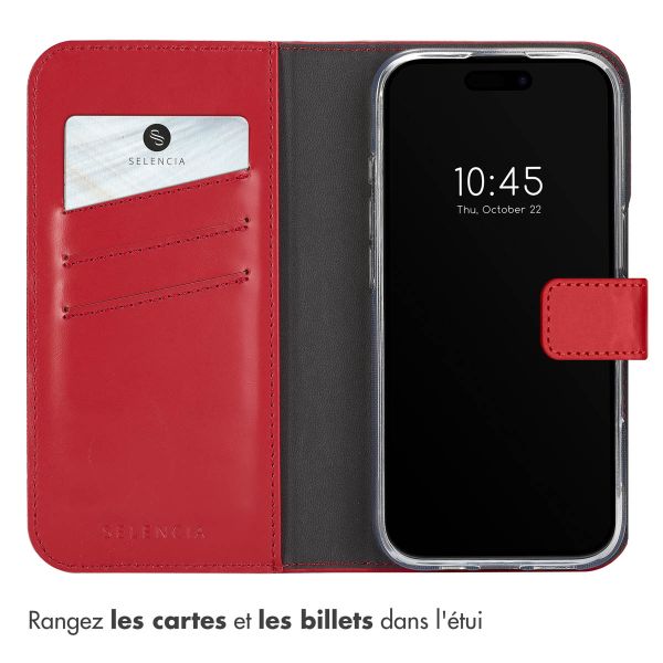 Selencia Étui de téléphone portefeuille en cuir véritable iPhone 16 Pro - Rouge