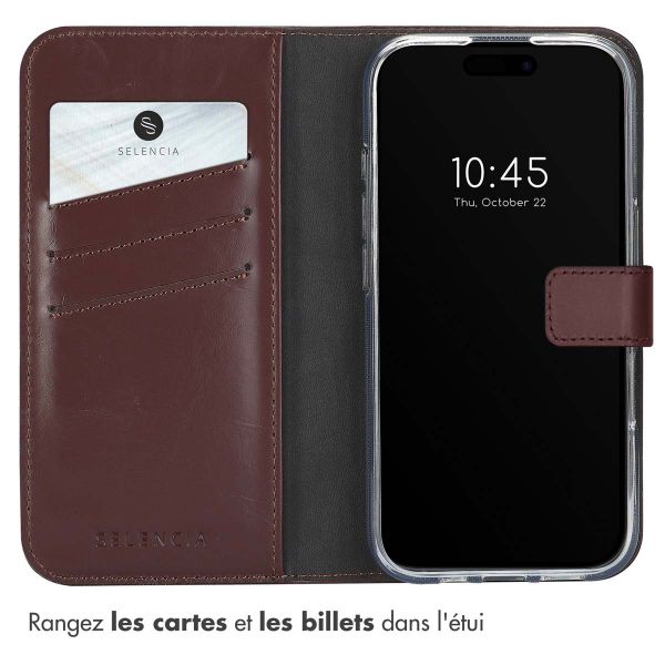 Selencia Étui de téléphone portefeuille en cuir véritable iPhone 16 - Brun