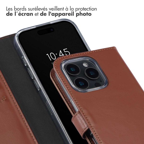 Selencia Étui de téléphone portefeuille en cuir véritable iPhone 16 Pro Max - Brun clair