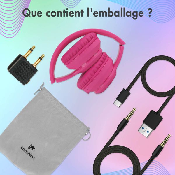 imoshion Casque pour enfants Bluetooth LED - Casque sans fil avec limiteur de décibels + Câble AUX - Hot Pink