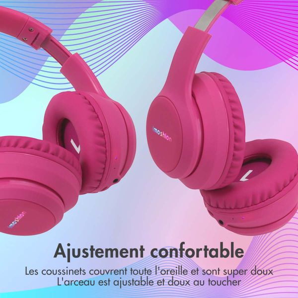 imoshion Casque pour enfants Bluetooth LED - Casque sans fil avec limiteur de décibels + Câble AUX - Hot Pink