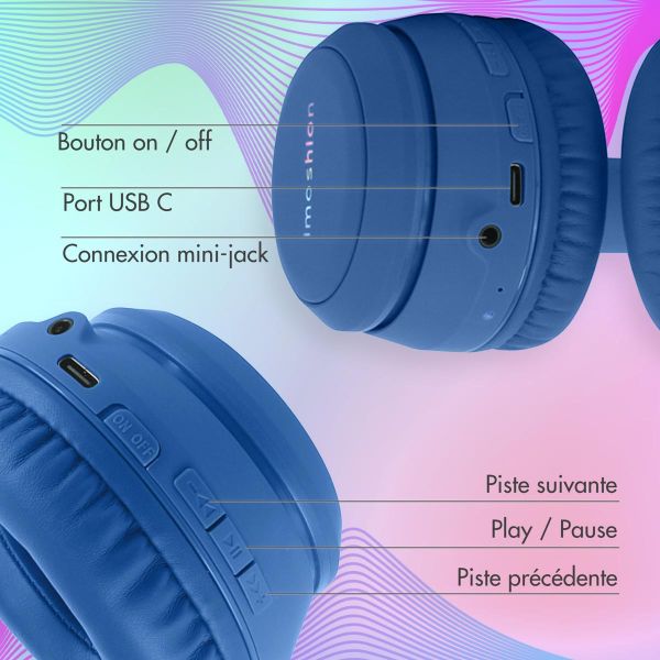 imoshion Casque pour enfants Bluetooth LED - Casque sans fil avec limiteur de décibels + Câble AUX - Cobalt Blue