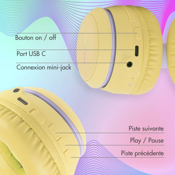 imoshion Casque pour enfants Bluetooth LED - Casque sans fil avec limiteur de décibels + Câble AUX - Lavender Lilac / Yellow