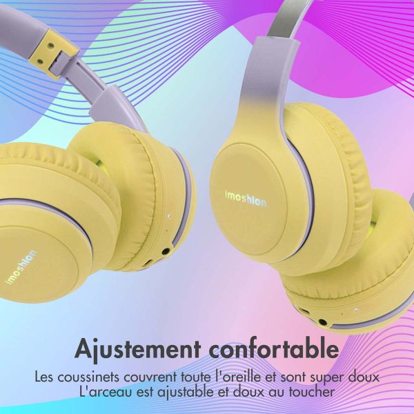 imoshion Casque pour enfants Bluetooth LED - Casque sans fil avec limiteur de décibels + Câble AUX - Lavender Lilac / Yellow