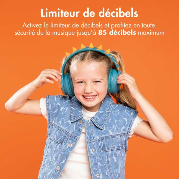 imoshion Kids Dino Bluetooth Casque - Casque pour enfants avec limiteur de décibels - Casque sans fil + câble AUX - Petrol Green / Orange