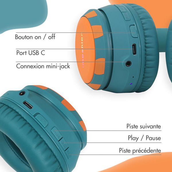 imoshion Kids Dino Bluetooth Casque - Casque pour enfants avec limiteur de décibels - Casque sans fil + câble AUX - Petrol Green / Orange