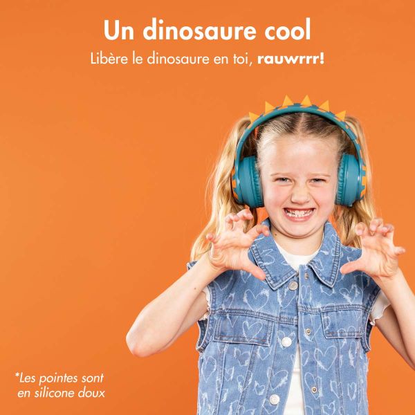 imoshion Kids Dino Bluetooth Casque - Casque pour enfants avec limiteur de décibels - Casque sans fil + câble AUX - Petrol Green / Orange