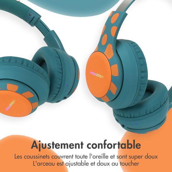 imoshion Kids Dino Bluetooth Casque - Casque pour enfants avec limiteur de décibels - Casque sans fil + câble AUX - Petrol Green / Orange