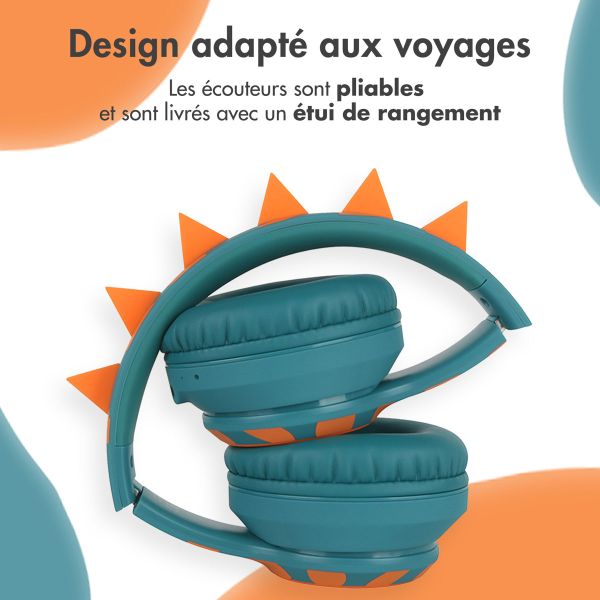 imoshion Kids Dino Bluetooth Casque - Casque pour enfants avec limiteur de décibels - Casque sans fil + câble AUX - Petrol Green / Orange