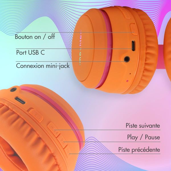 imoshion Casque pour enfants Bluetooth LED - Casque sans fil avec limiteur de décibels + Câble AUX - Hot Pink / Apricot Crush Orange