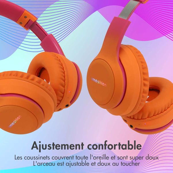 imoshion Casque pour enfants Bluetooth LED - Casque sans fil avec limiteur de décibels + Câble AUX - Hot Pink / Apricot Crush Orange