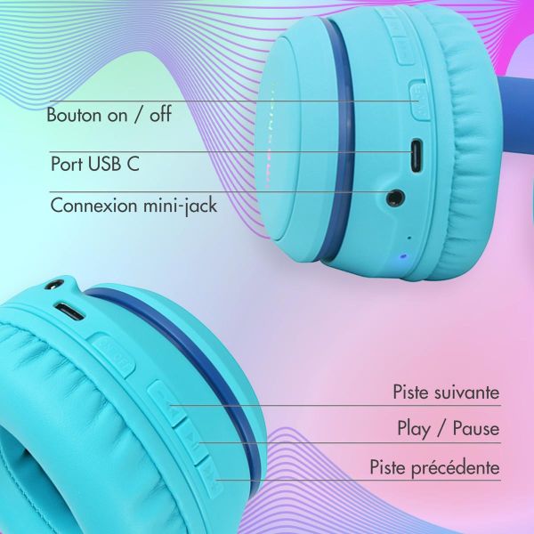 imoshion Casque pour enfants Bluetooth LED - Casque sans fil avec limiteur de décibels + Câble AUX - Cobalt Blue / Soft Blue