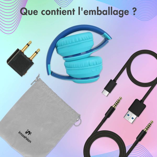 imoshion Casque pour enfants Bluetooth LED - Casque sans fil avec limiteur de décibels + Câble AUX - Cobalt Blue / Soft Blue