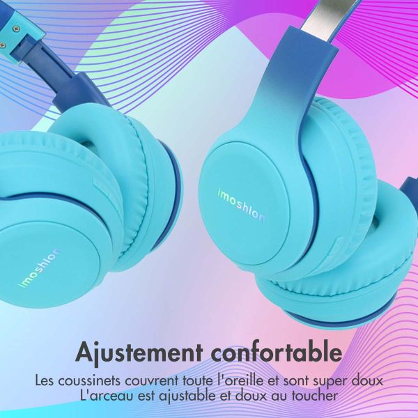 imoshion Casque pour enfants Bluetooth LED - Casque sans fil avec limiteur de décibels + Câble AUX - Cobalt Blue / Soft Blue