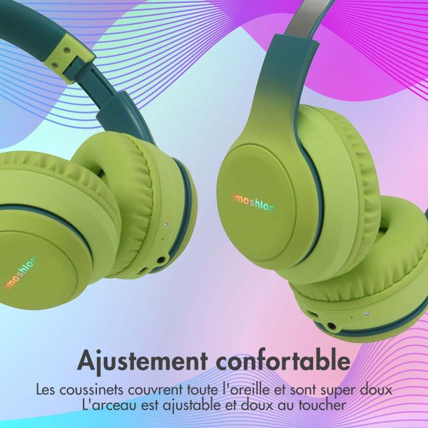 imoshion Casque pour enfants Bluetooth LED - Casque sans fil avec limiteur de décibels + Câble AUX - Petrol Green / Lime