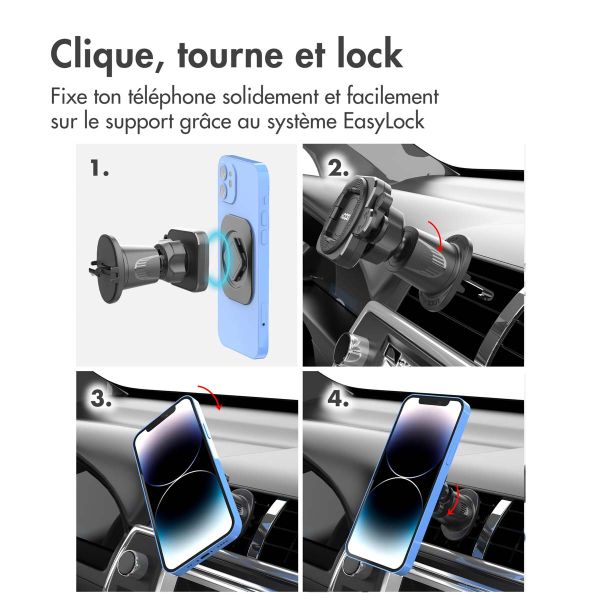 Accezz EasyLock Support de téléphone de voiture - Avec coque iPhone 14 - Grille de ventilation - Rotation à 360 degrés - Noir