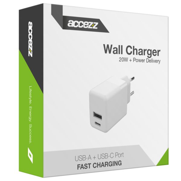 Accezz Wall Charger iPhone 12 - Chargeur - Connexion USB-C et USB - Power Delivery - 20 Watt - Blanc
