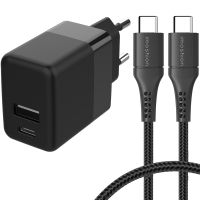 imoshion Chargeur Mural avec câble USB-C vers USB-C - Chargeur - Textile tissé - 20 Watt - 0,25 mètre - Noir