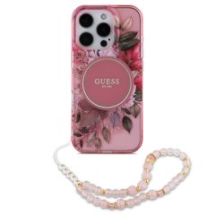 Guess MagSafe IML Flowers Case avec beads strap iPhone 16 Pro - Pink