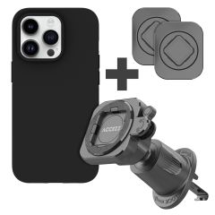 Accezz EasyLock Support de téléphone de voiture - Avec coque iPhone 14 Pro - Grille de ventilation - Rotation à 360 degrés - Noir