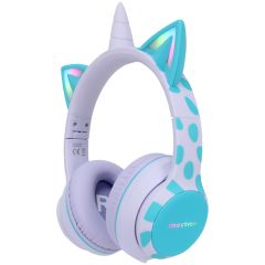 imoshion Kids Unicorn LED Light Bluetooth Casque - Casque pour enfants avec limiteur de décibels - Casque sans fil + câble AUX - Lavender Lilac / Soft Blue